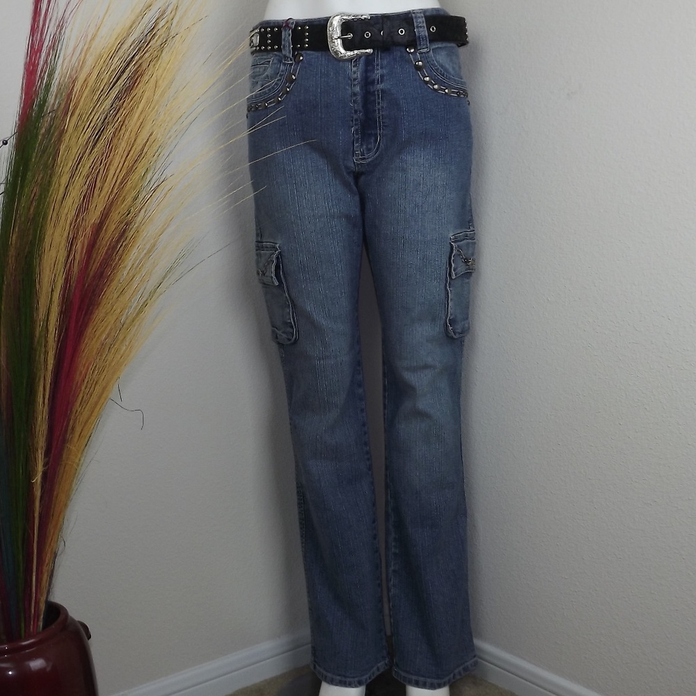 Medium Wash Blue Denim Jeans with Black Belt